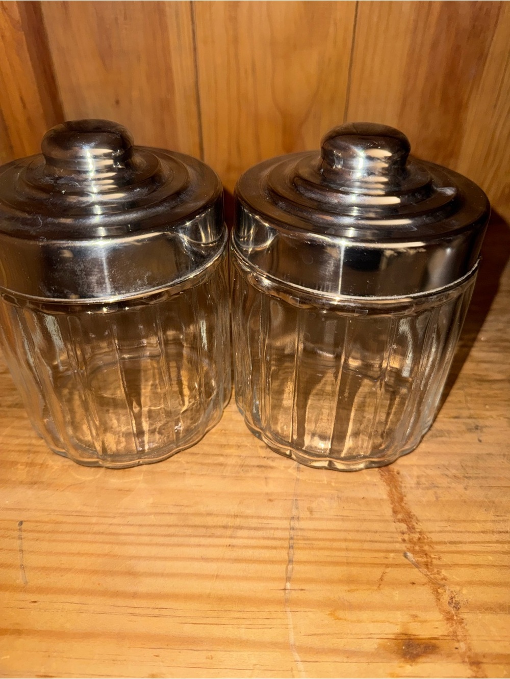 Clear Glass Pantry, Linen Closet or Bathroom Jars with Silver Lids - Set of 2